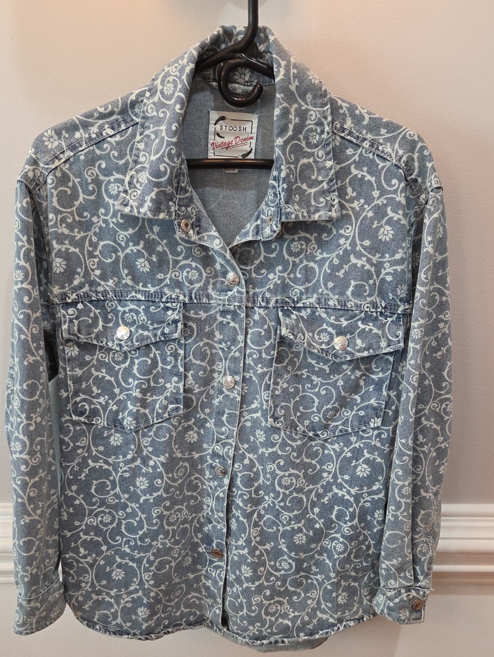 Stoosh Blue Denim Jacket with White Floral Scrolls